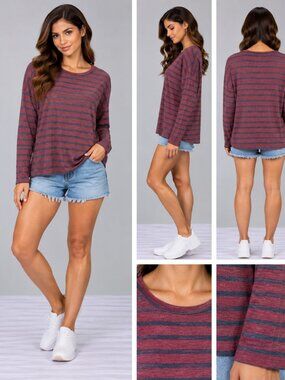 Forever 21 Burgundy Navy Striped Ringer Long Sleeve Tee M